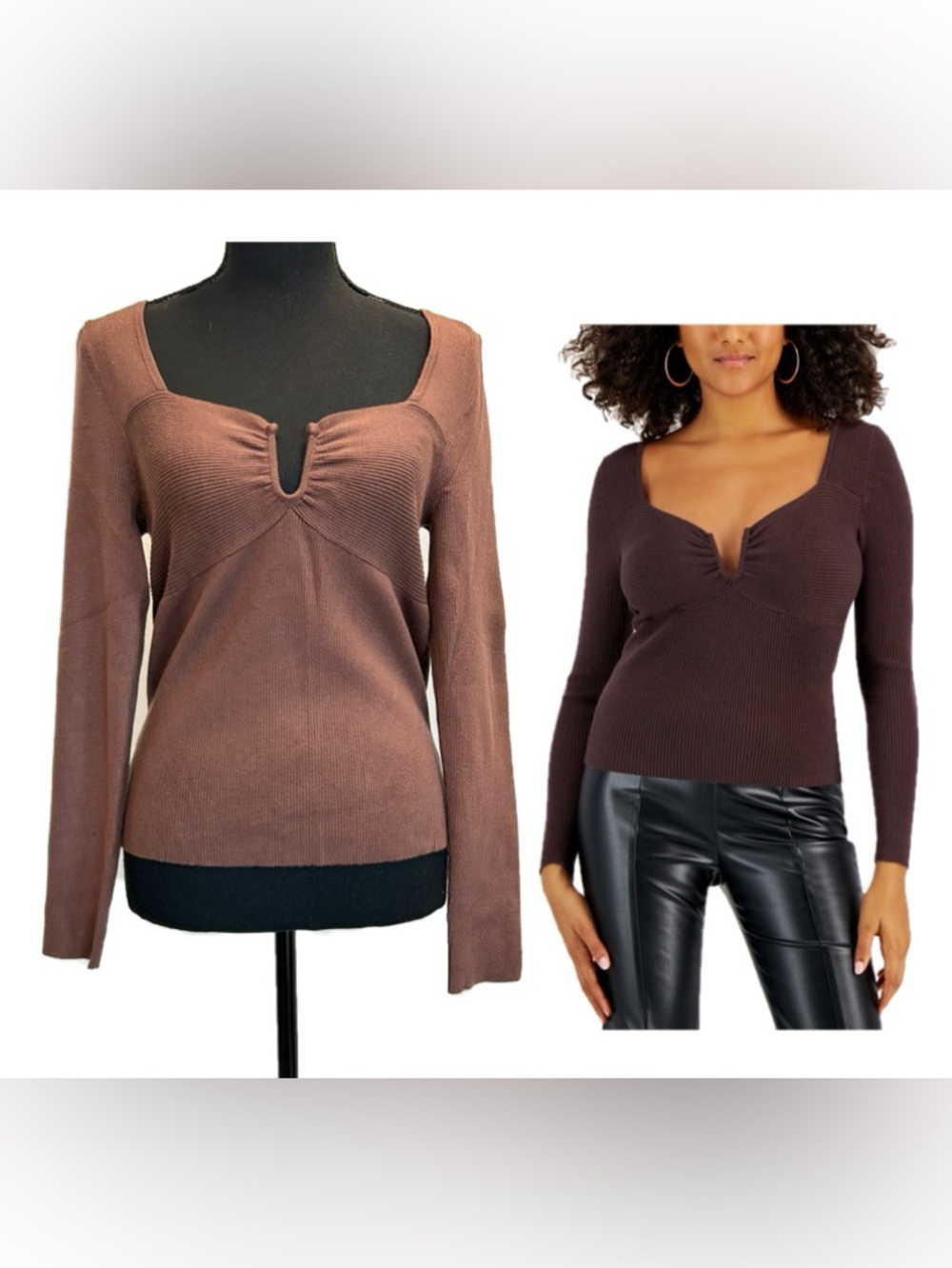 Lucy Paris Ribbed Long Sleeve V-Neck Pullover sweater Cocoa Brown Sz L NWOT